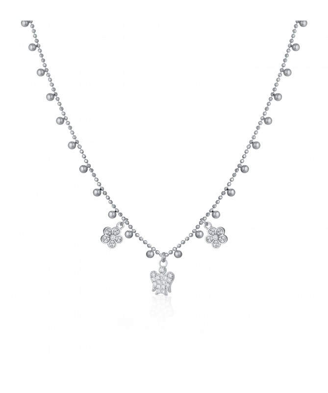 COLLANA CON ANGELO E FIORI CHARMS IN ARGENTO E ZIRCONI BIANCHI