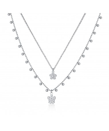COLLANA A DOPPIA CATENA CON ANGELO E FIORE CHARMS IN ARGENTO E ZIRCONI BIANCHI