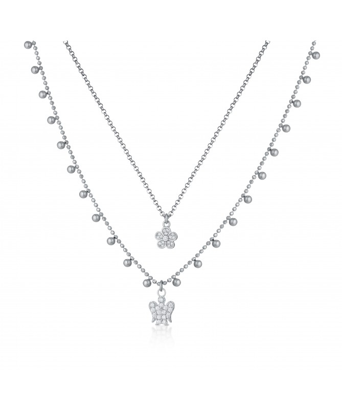 COLLANA A DOPPIA CATENA CON ANGELO E FIORE CHARMS IN ARGENTO E ZIRCONI BIANCHI