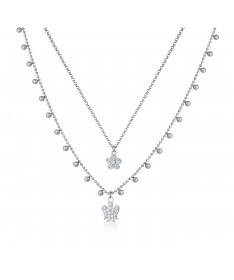 COLLANA A DOPPIA CATENA CON ANGELO E FIORE CHARMS IN ARGENTO E ZIRCONI BIANCHI