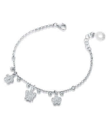 BRACCIALE CON ANGELO E FIORI CHARMS IN ARGENTO E ZIRCONI BIANCHI