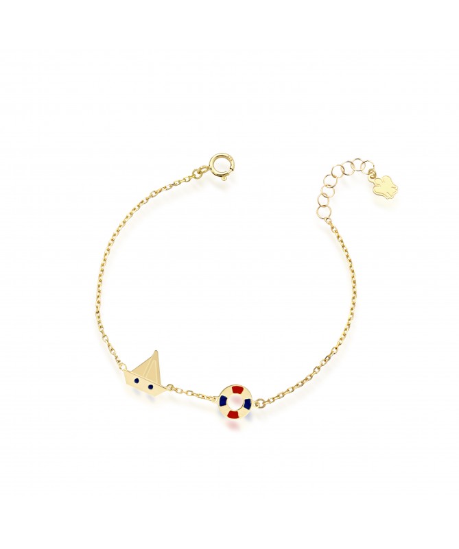BRACCIALE BIMBO/A CON BARCA E SALVAGENTE IN ORO GIALLO, SMALTO BLU E ROSSO