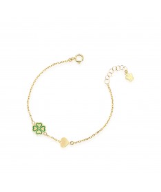 BRACCIALE BIMBO/A CON QUADRIFOGLIO IN ORO GIALLO, SMALTO VERDE E CUORE 