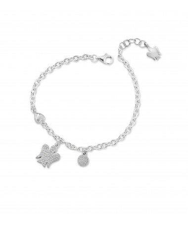 BRACCIALE CON CUORE IN ARGENTO, ANGELO E PAILLETTES CHARMS CON ZIRCONI BIANCHI                                                  