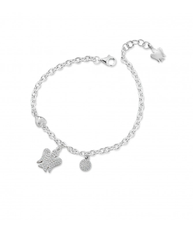 BRACCIALE CON CUORE IN ARGENTO, ANGELO E PAILLETTES CHARMS CON ZIRCONI BIANCHI                                                  