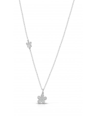 COLLANA CON ANGELO E FIORE CHARM IN ARGENTO E ZIRCONI BIANCHI  