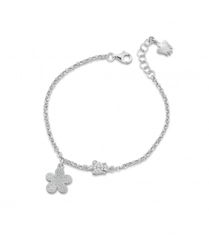 BRACCIALE CON ANGELO E FIORE CHARM IN ARGENTO E ZIRCONI BIANCHI                                                  
