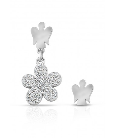 ORECCHINI CON ANGELO E FIORE CHARM IN ARGENTO E ZIRCONI BIANCHI                                                  