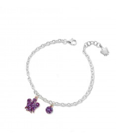 BRACCIALE CON ANGELO E PAILLETTES CHARMS IN ARGENTO E ZIRCONI POLICROMATICI FUCSIA E AMETISTA   