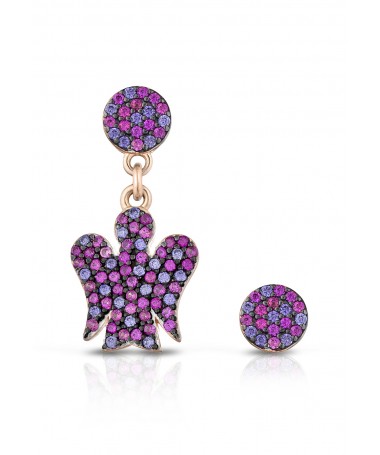 ORECCHINI CON ANGELO CHARM E PAILLETTES IN ARGENTO E ZIRCONI POLICROMATICI FUCSIA E AMETISTA                                    