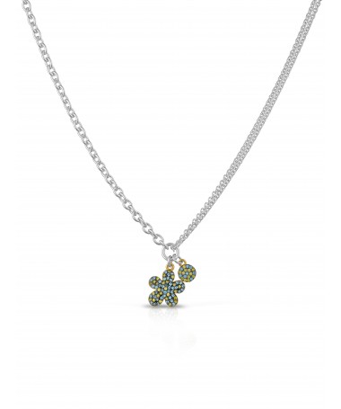 COLLANA A DOPPIA CATENA CON PENDENTI FIORE E PAILLETTES IN ARGENTO E ZIRCONI POLICROMATICI AZZURRO E VERDE PERIDOT    