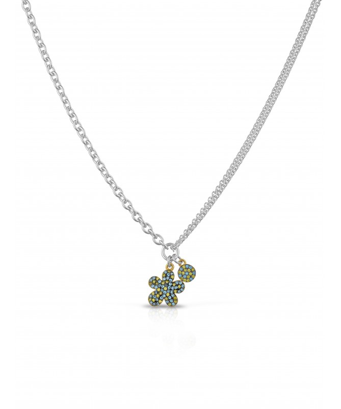 COLLANA A DOPPIA CATENA CON PENDENTI FIORE E PAILLETTES IN ARGENTO E ZIRCONI POLICROMATICI AZZURRO E