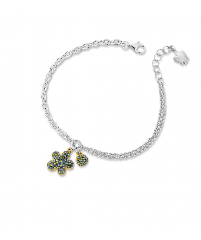BRACCIALE A DOPPIA CATENA CON FIORE E PAILLETTES CHARMS IN ARGENTO E ZIRCONI POLICROMATICI AZZURRO E