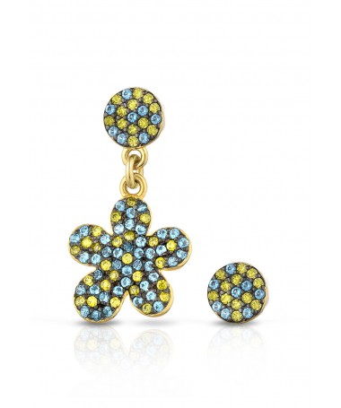 ORECCHINI CON FIORE CHARM E PAILLETTES IN ARGENTO E ZIRCONI POLICROMATICI AZZURRO E VERDE PERIDOT                               