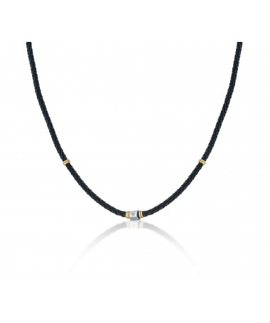 GIROCOLLO IN PELLE INTRECCIATA, ELEMENTO CENTRALE IN ARGENTO CON DIAMANTE E ANGELO INCISO A LASER