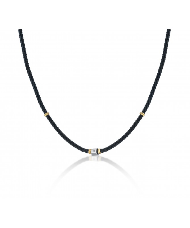 GIROCOLLO IN PELLE INTRECCIATA, ELEMENTO CENTRALE IN ARGENTO CON DIAMANTE E ANGELO INCISO A LASER