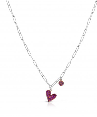 COLLANA CON PENDENTI CUORE E PAILLETTES IN ARGENTO E ZIRCONI POLICROMATICI FUCSIA E ARANCIONE  