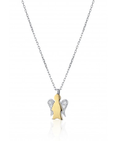 COLLANA IN ORO BIANCO CON PENDENTE ANGELO IN ORO BIANCO E GIALLO E DIAMANTI
