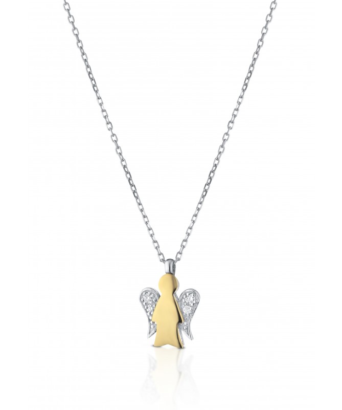 COLLANA IN ORO BIANCO CON PENDENTE ANGELO IN ORO BIANCO E GIALLO E DIAMANTI