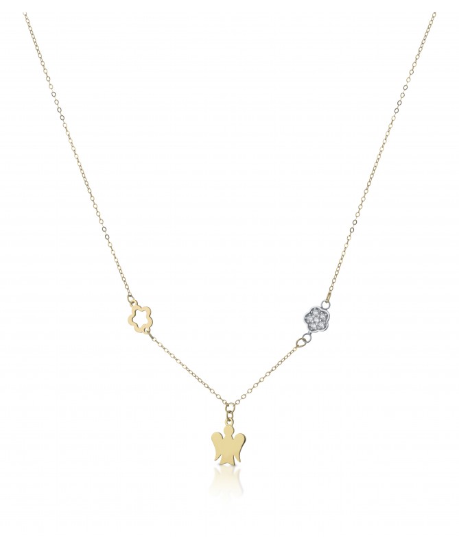 COLLANA CON ANGELO IN ORO GIALLO E FIORI IN ORO GIALLO E BIANCO CON ZIRCONI BIANCHI