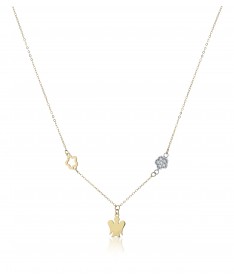 COLLANA CON ANGELO IN ORO GIALLO E FIORI IN ORO GIALLO E BIANCO CON ZIRCONI BIANCHI