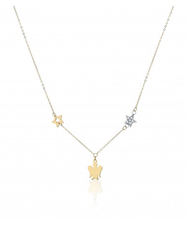 COLLANA CON ANGELO IN ORO GIALLO E STELLE IN ORO GIALLO E BIANCO CON ZIRCONI BIANCHI