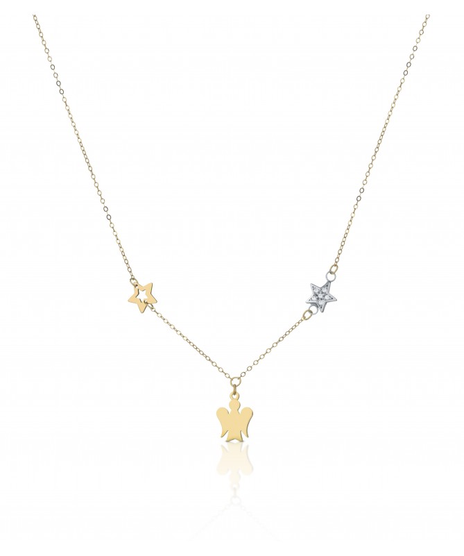COLLANA CON ANGELO IN ORO GIALLO E STELLE IN ORO GIALLO E BIANCO CON ZIRCONI BIANCHI