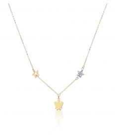 COLLANA CON ANGELO IN ORO GIALLO E STELLE IN ORO GIALLO E BIANCO CON ZIRCONI BIANCHI