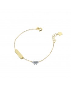 BRACCIALE CON TARGHETTA E ANGELO CHARM IN ORO GIALLO, FIOCCO IN ORO BIANCO CON ZIRCONI BIANCHI