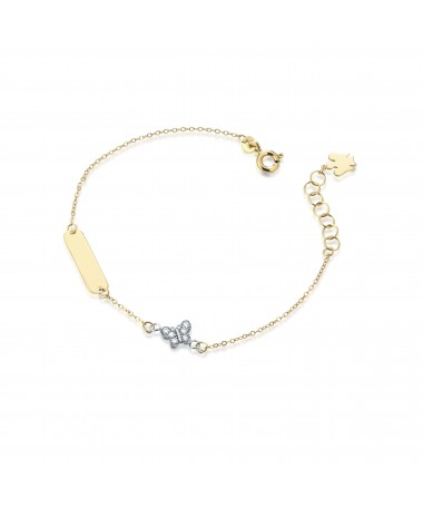 BRACCIALE CON TARGHETTA E ANGELO CHARM IN ORO GIALLO, FARFALLA IN ORO BIANCO CON ZIRCONI BIANCHI