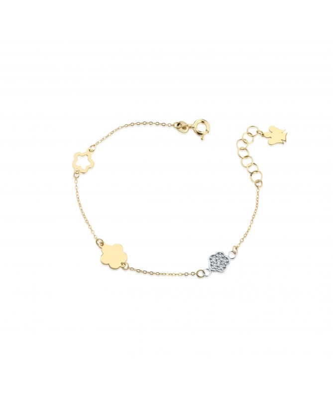 BRACCIALE CON ANGELO CHARM IN ORO GIALLO E FIORI IN ORO GIALLO E BIANCO CON ZIRCONI BIANCHI
