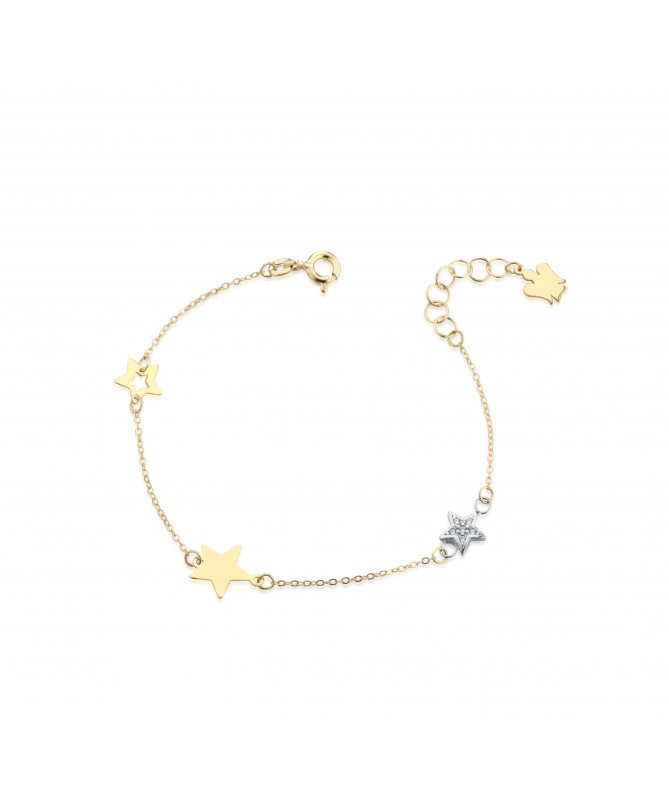 BRACCIALE CON ANGELO CHARM IN ORO GIALLO E STELLE IN ORO GIALLO E BIANCO CON ZIRCONI BIANCHI