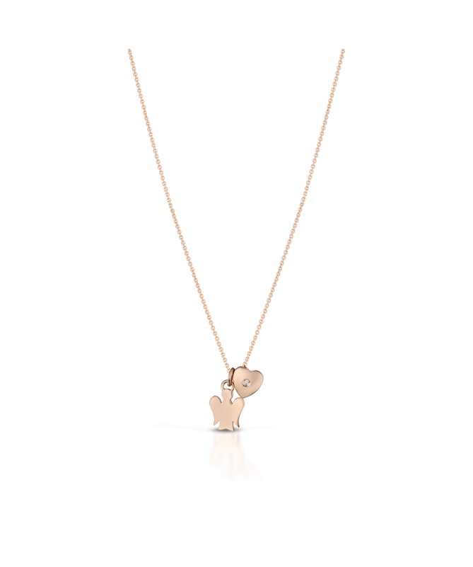 GIROCOLLO CON PENDENTE ANGELO E CUORE PASSANTE CON DIAMANTE IN ORO ROSA