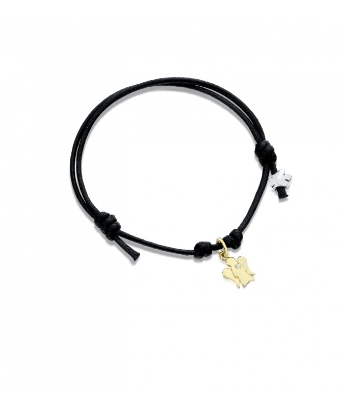 BRACCIALE CON ANGELO CHARM IN ORO GIALLO, DIAMANTE E CORDINO NERO 