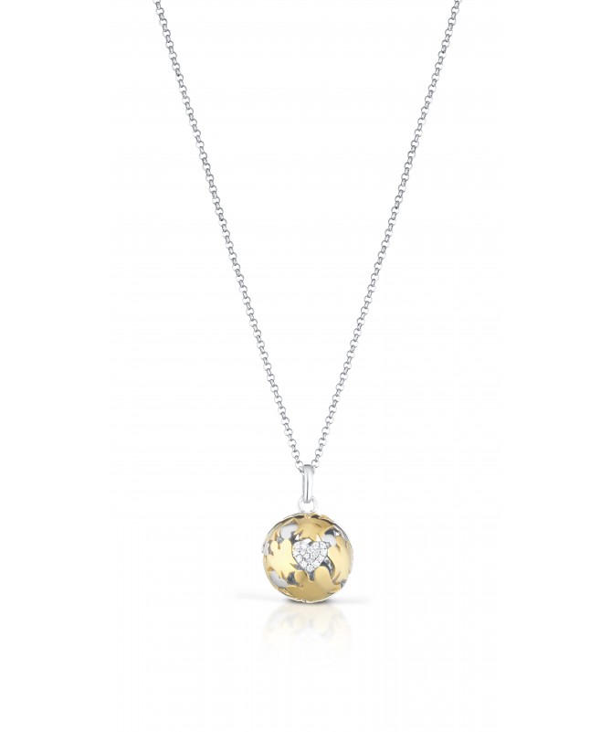 COLLANA CON PENDENTE CHIAMA ANGELI IN ARGENTO BIANCO E GIALLO E CUORE CON ZIRCONI BIANCHI