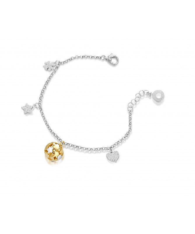 BRACCIALE CON CHIAMA ANGELI IN ARGENTO BIANCO E GIALLO E CUORE, STELLA, QUADRIFOGLIO CHARMS CON ZIRC