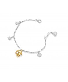 BRACCIALE CON CHIAMA ANGELI IN ARGENTO BIANCO E GIALLO E CUORE, STELLA, QUADRIFOGLIO CHARMS CON ZIRC