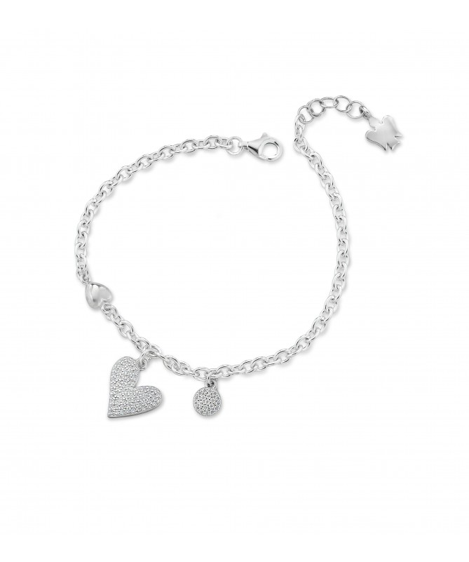 BRACCIALE CON CUORE IN ARGENTO, CUORE E PAILLETTES CHARMS CON ZIRCONI BIANCHI                       