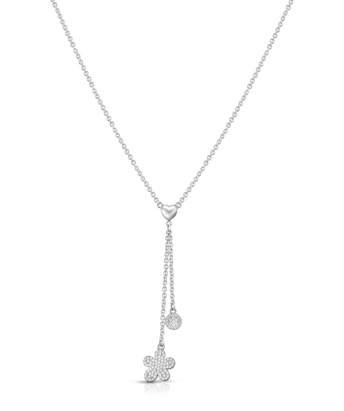 COLLANA A Y CON CUORE IN ARGENTO, PENDENTI FIORE E PAILLETTES CON ZIRCONI BIANCHI  