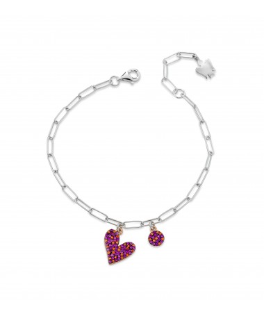 BRACCIALE CON CUORE E PAILLETTES CHARMS IN ARGENTO E ZIRCONI POLICROMATICI FUCSIA E ARANCIONE  