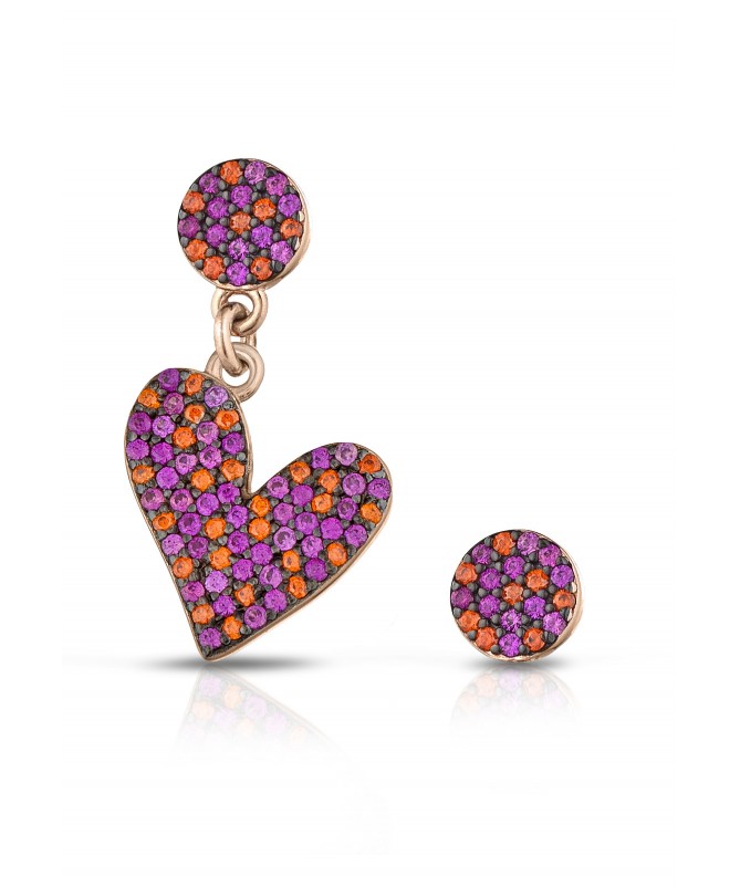 ORECCHINI CON CUORE CHARM E PAILLETTES IN ARGENTO E ZIRCONI POLICROMATICI FUCSIA E ARANCIONE  