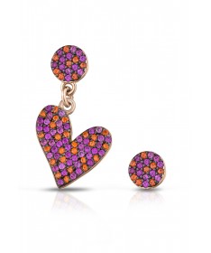 ORECCHINI CON CUORE CHARM E PAILLETTES IN ARGENTO E ZIRCONI POLICROMATICI FUCSIA E ARANCIONE  