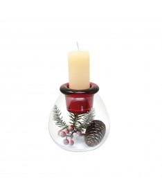 CANDELIERE TRASPARENTE/ROSSO+DECORAZIONI E CANDELA