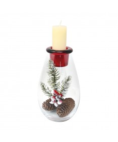 CANDELIERE TRASPARENTE/ROSSO+DECORAZIONI E CANDELA