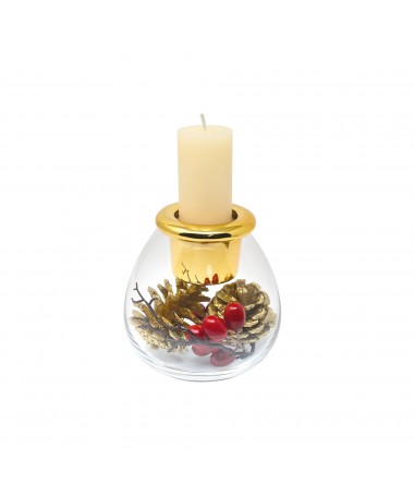 CANDELIERE TRASPARENTE/ORO+DECORAZIONI E CANDELA