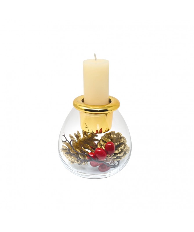 CANDELIERE TRASPARENTE/ORO+DECORAZIONI E CANDELA