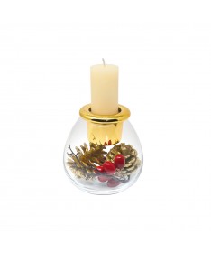 CANDELIERE TRASPARENTE/ORO+DECORAZIONI E CANDELA