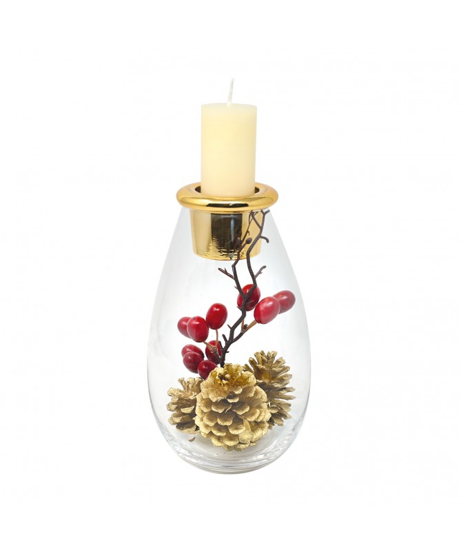 CANDELIERE TRASPARENTE/ORO+DECORAZIONI E CANDELA